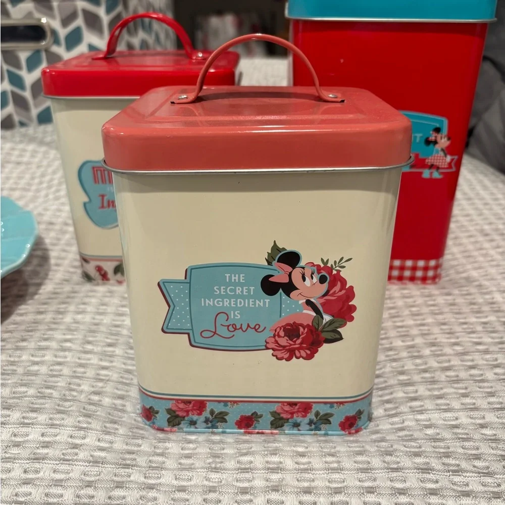 Disney Retro Minnie Mouse Red Teal Kitchen Canister Set with Rolling Pin